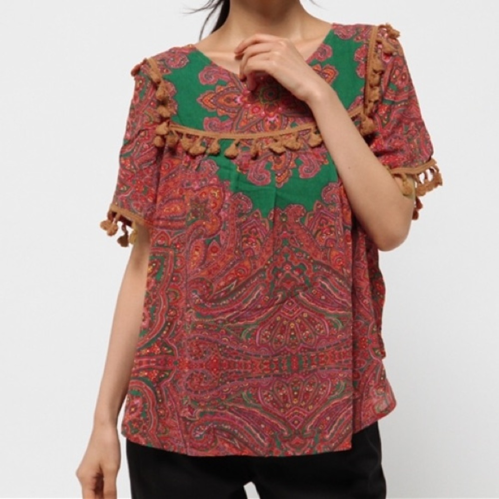 Line & Dot Boho Fringe Paisley Blouse Short Sleeve